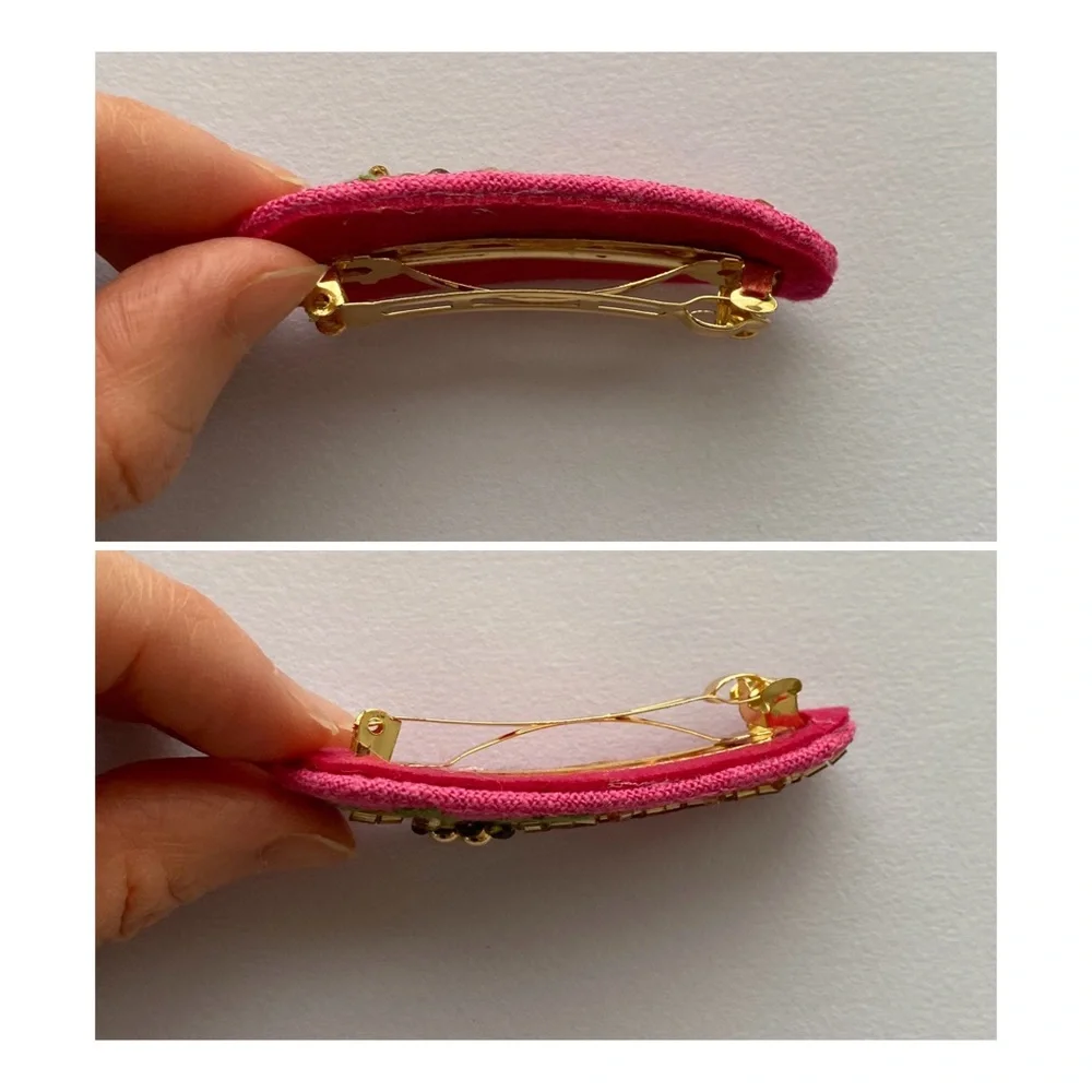 $40 NWT J. Crew Yellow Pink Embroidered Beaded Palm Tree Barrettes Hair Clips